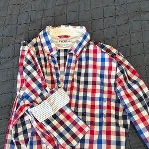 Express Men's Vibrant Red and Blue Plaid Shirt
